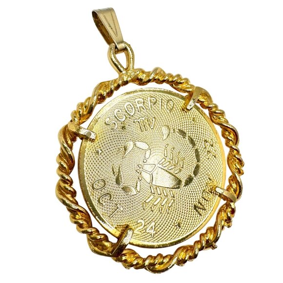 Vintage Gold Tone Scorpio Scorpion Zodiac Medal 2" Pendant - Picture 2 of 7